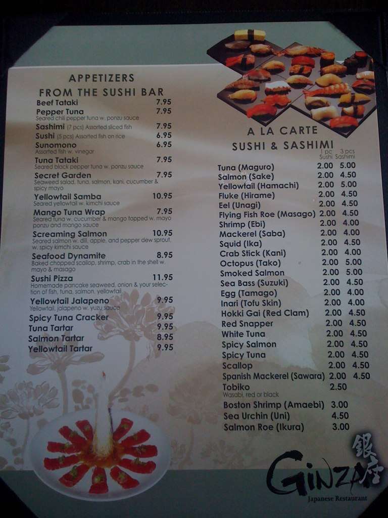 Ginza Japanese Restaurant Menu
