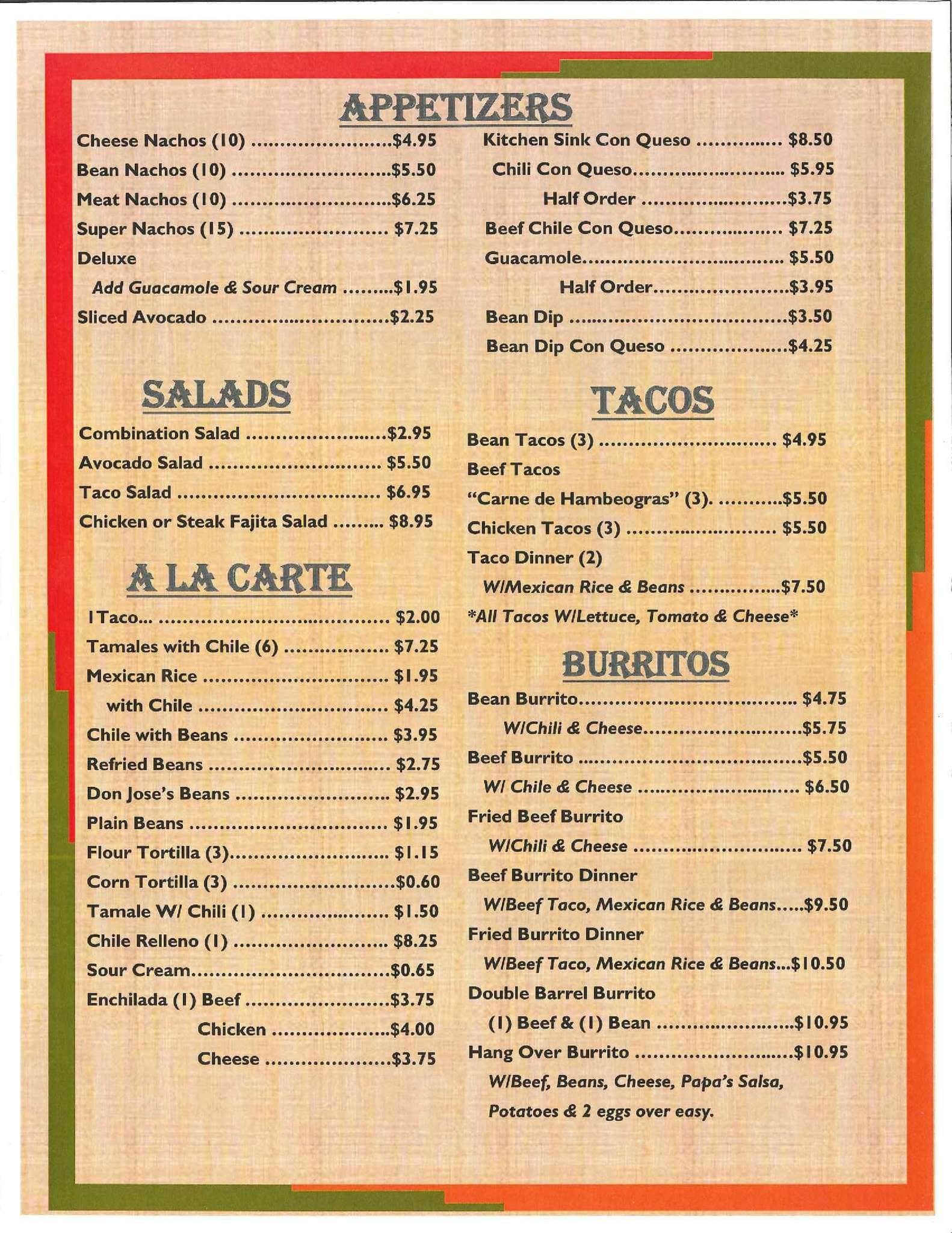 Menu at El Rio Grande Mexican Restaurant, Baton Rouge