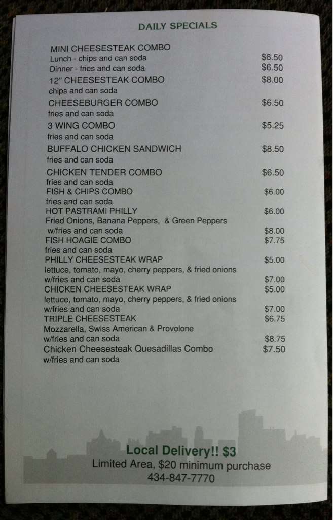 Menu at Lynchburg's Taste of Philly restaurant, Lynchburg