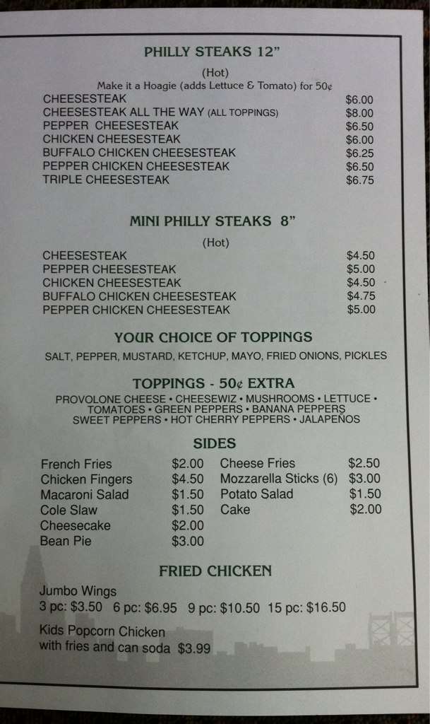 Menu at Lynchburg's Taste of Philly restaurant, Lynchburg