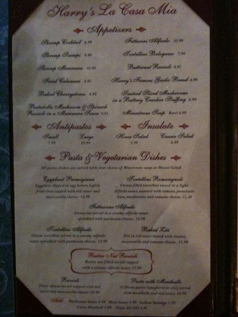 Menu at Harry's La Casa Mia Restaurant, Raynham