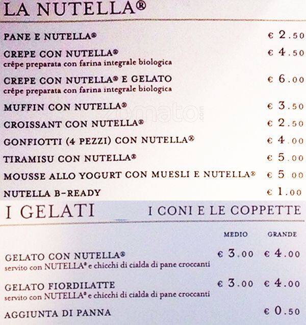 Menu di Nutella Concept Bar 
