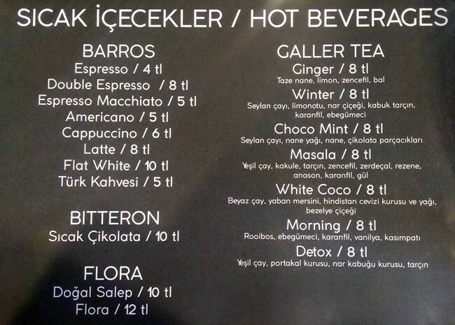 Menu at Barros Coffee, Istanbul