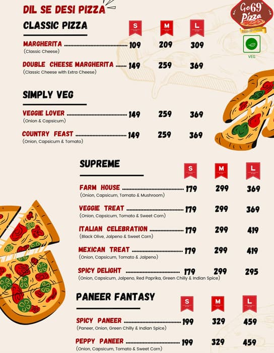 Menu of Go 69 Pizza, Vidyaratna Nagar, Manipal