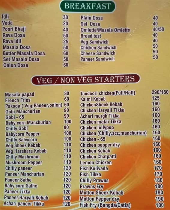 Menu at Kings Darbar, Mysuru