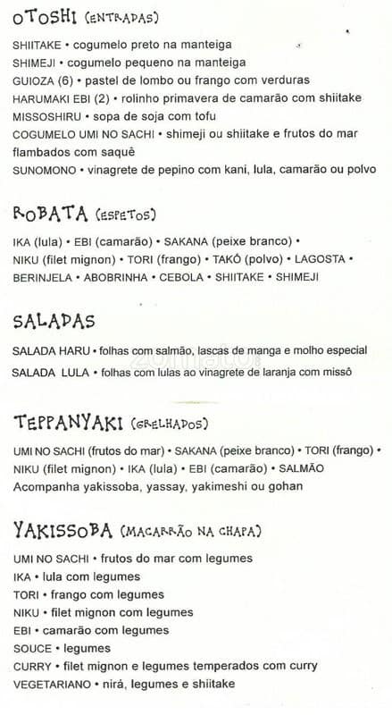 Sushimar cardápio