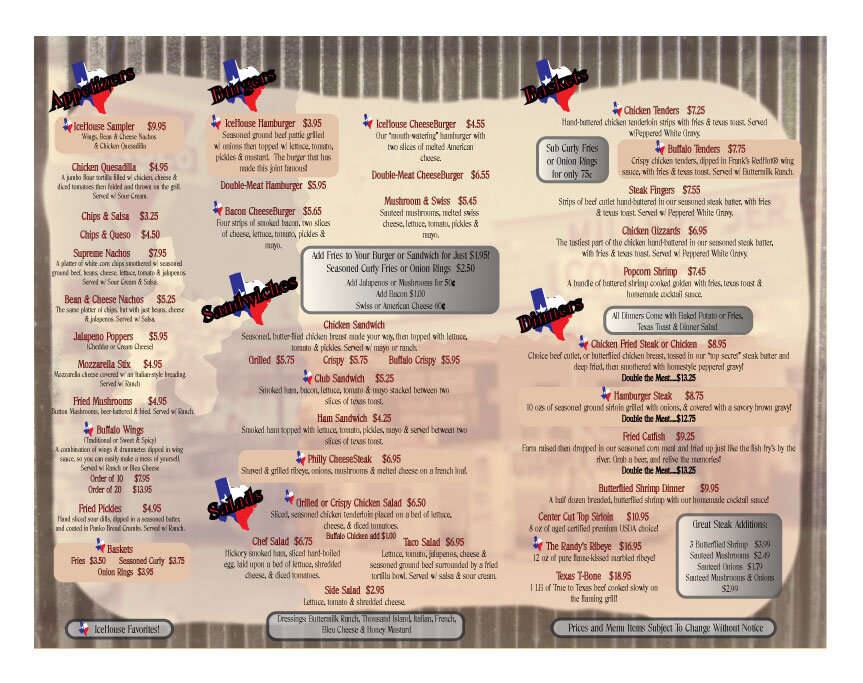Menu at Randy's Ice House restaurant, Taylor