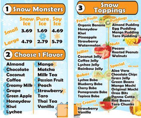 Snow Monster menu