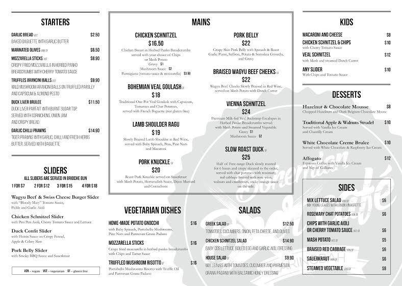 Bohemian Beer Cafe menu, Menu restauracji Bohemian Beer Cafe, Caringbah