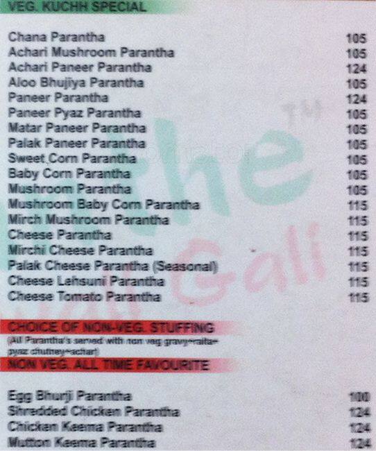 Parathe Menu Menu at Dilli Parathe Wali Gali, Bhopal, Second Floor