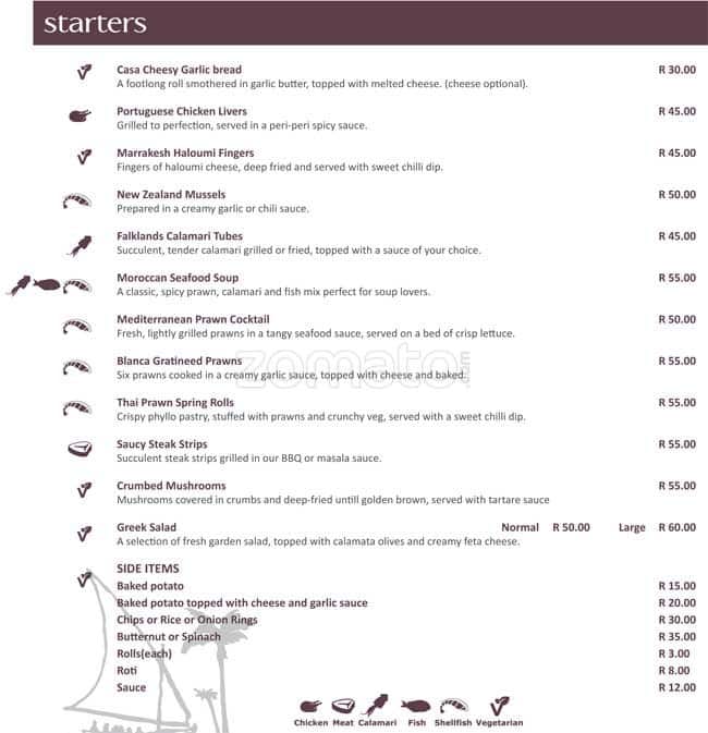 Casablanca Menu, Menu for Casablanca, Morningside, Durban Zomato SA