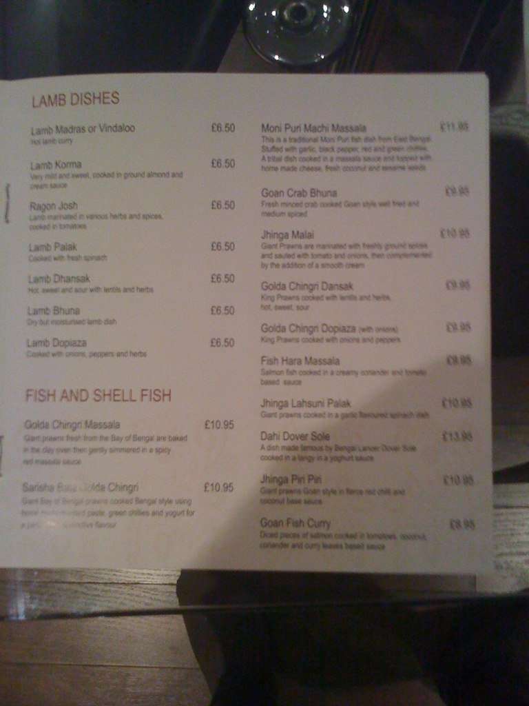 Menu at Bengal Lancer restaurant, Esher