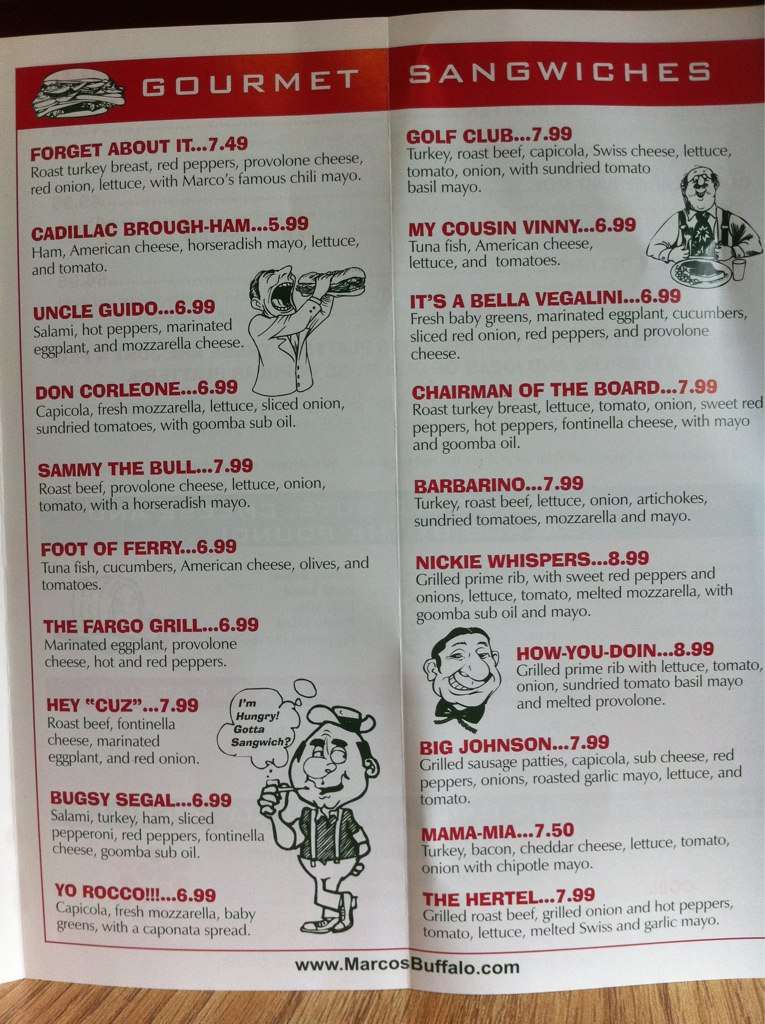 Marcos Italian Deli menu, Menu restauracji Marcos Italian Deli