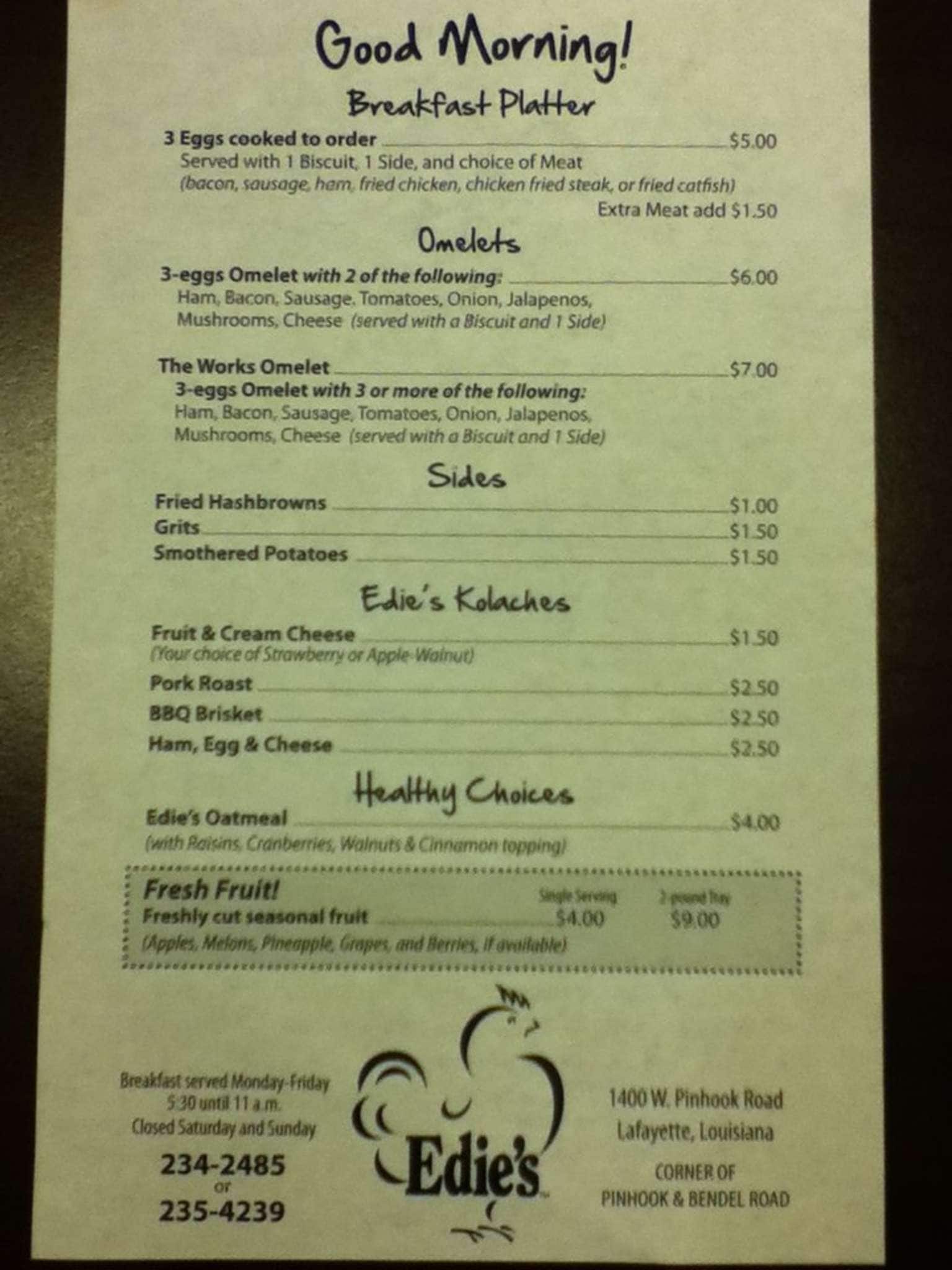 Menu at Edie's Biscuits restaurant, Lafayette, W Pinhook Rd