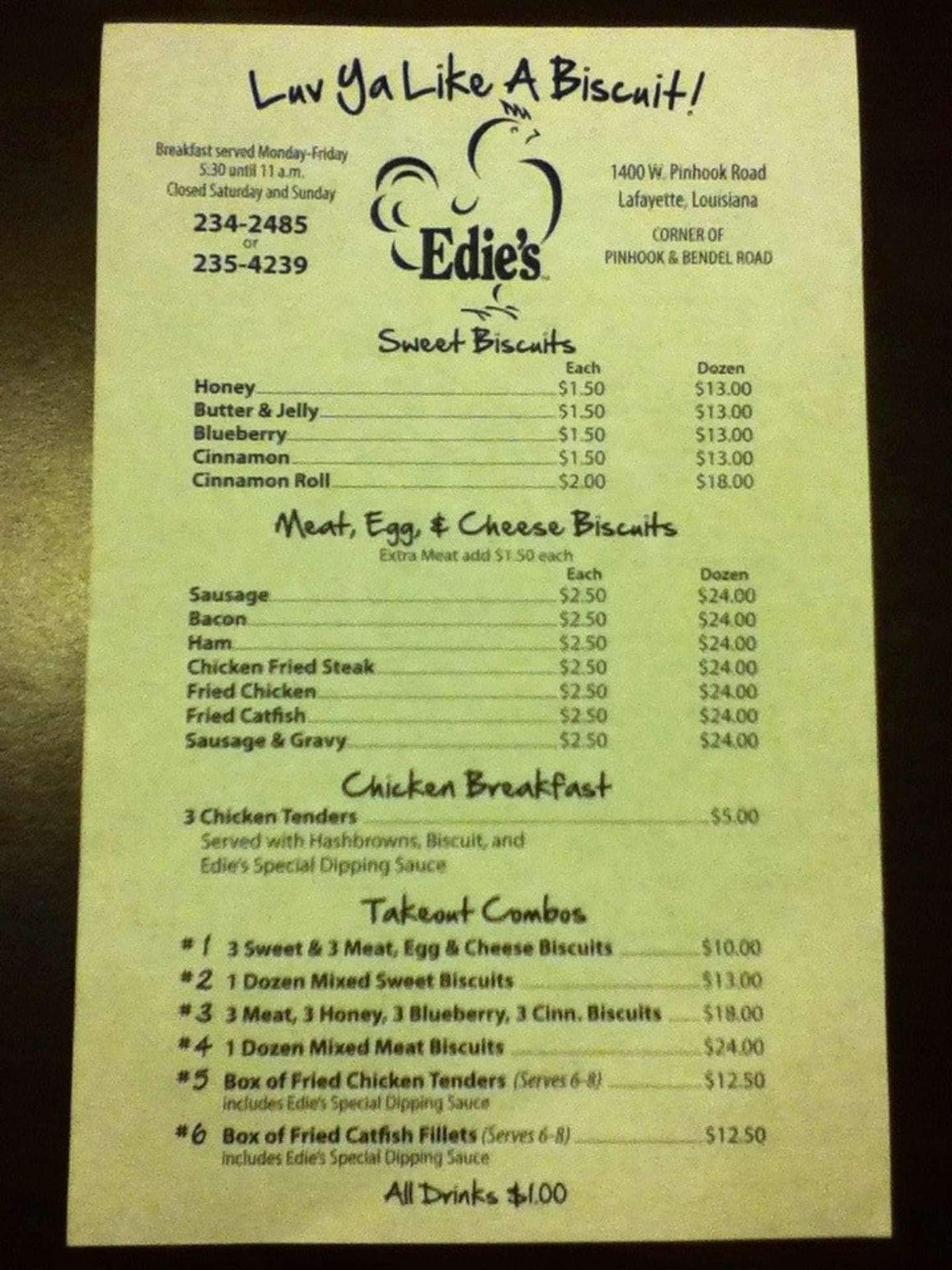Menu at Edie's Biscuits restaurant, Lafayette, W Pinhook Rd