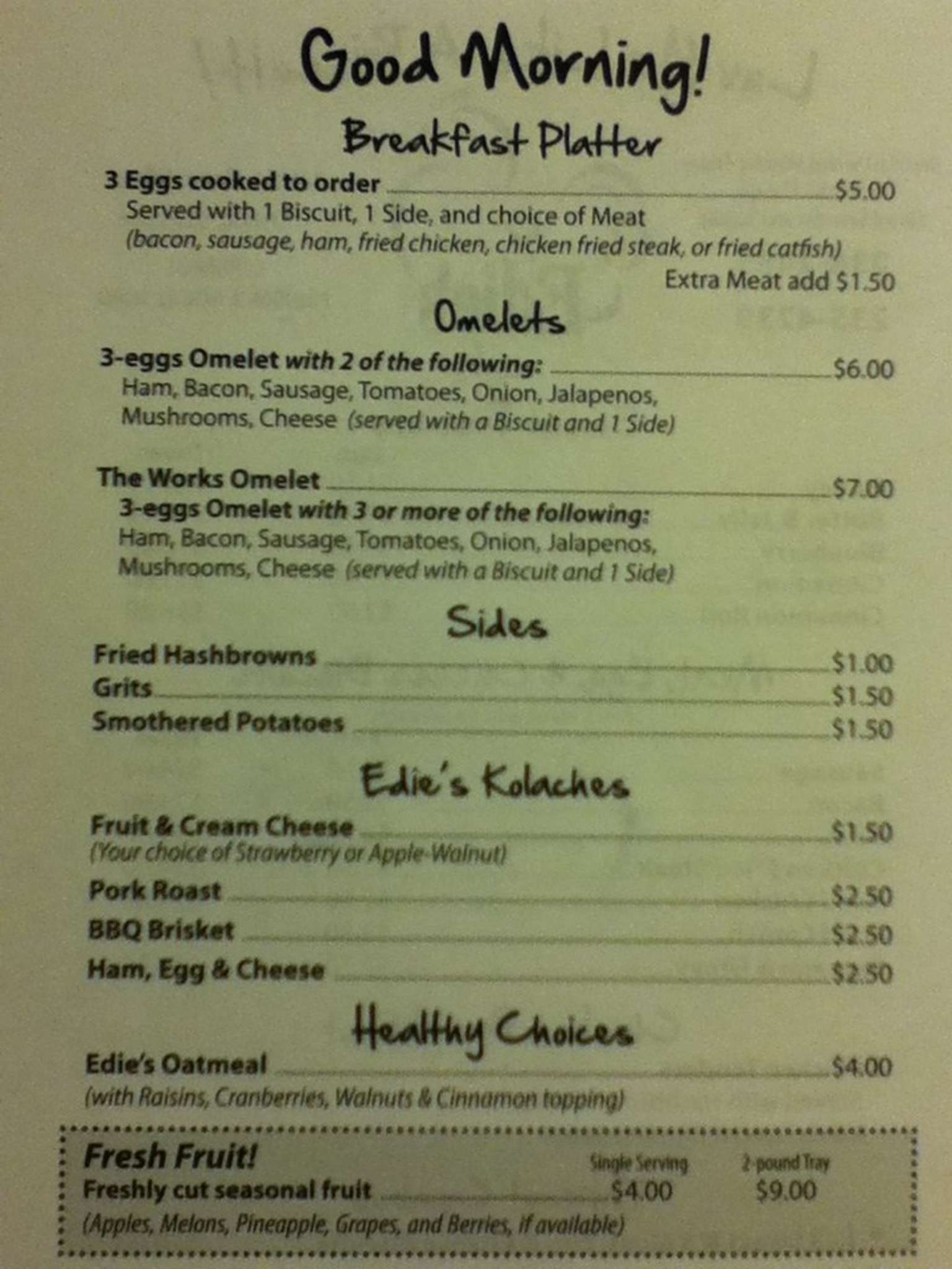 Menu at Edie's Biscuits restaurant, Lafayette, W Pinhook Rd