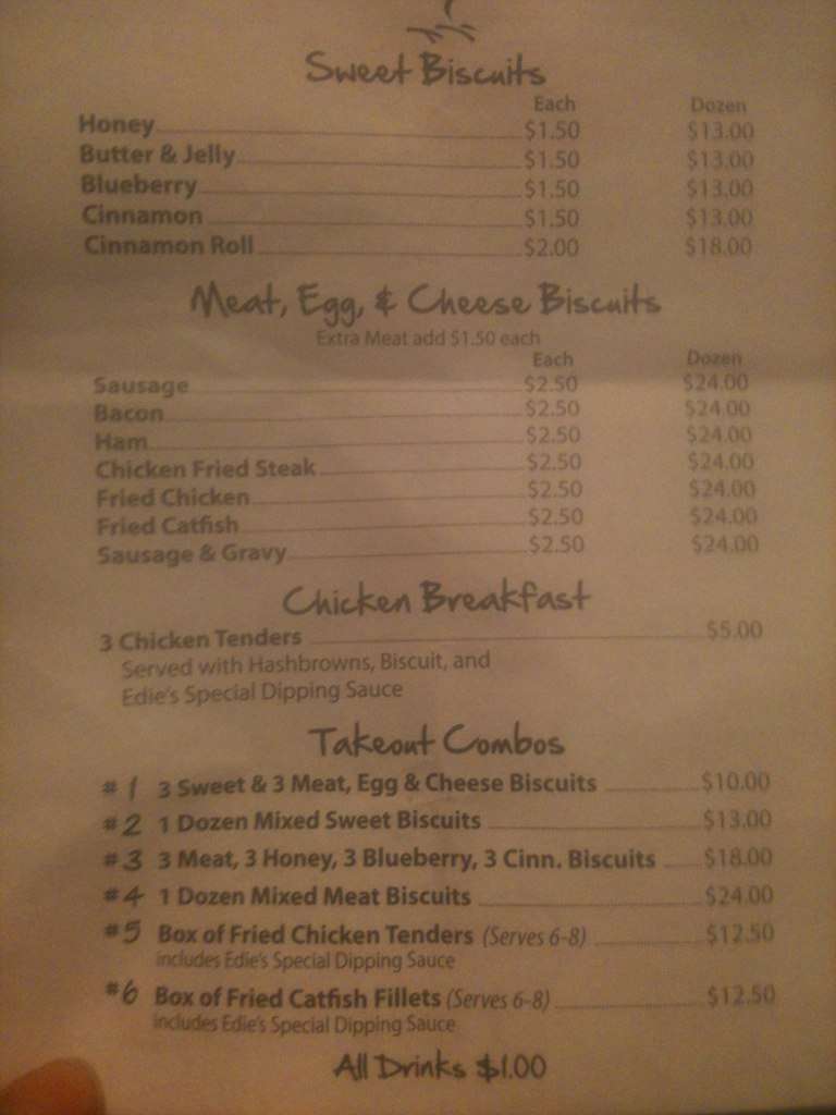 Menu at Edie's Biscuits restaurant, Lafayette, W Pinhook Rd