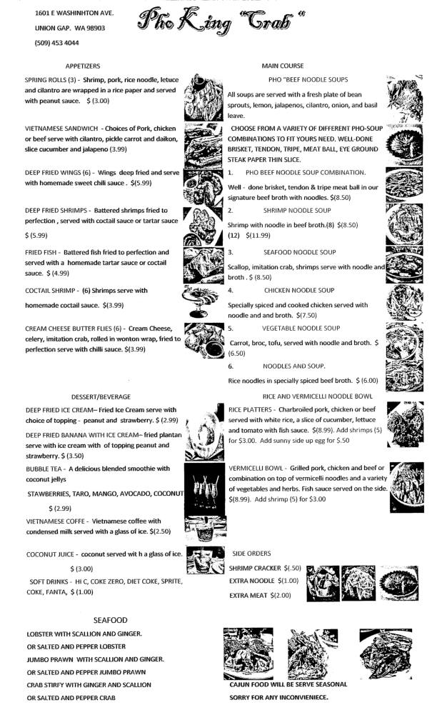 Menu at Pho King Crab restaurant, Union Gap, E Washington Ave 104