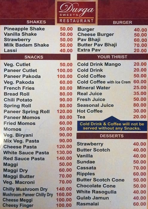 Durga Sweets And Restaurant menu