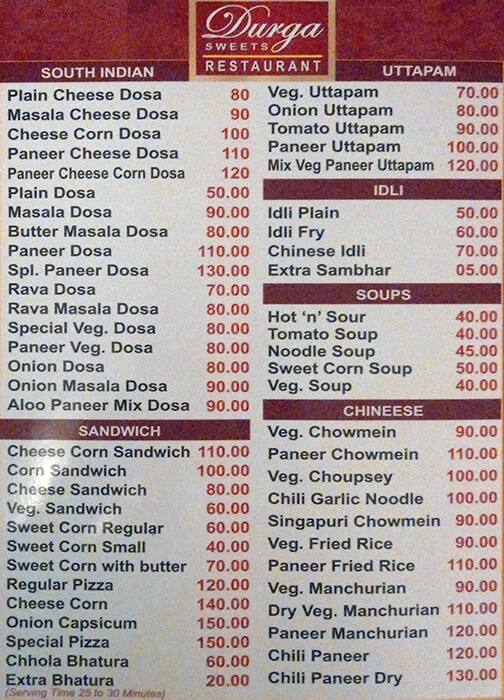 Durga Sweets And Restaurant menu