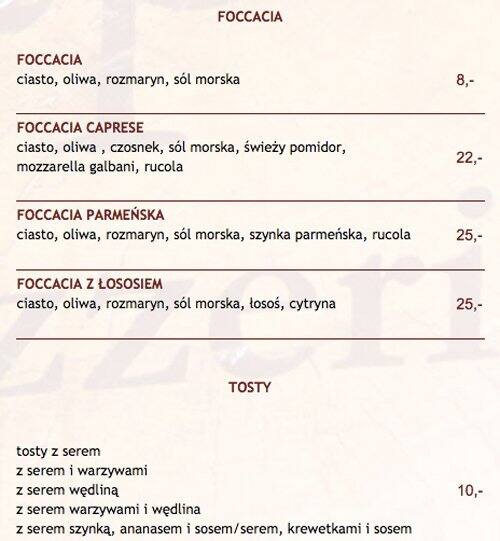 Menu at Napoli pizzeria, Warsaw, Wilcza 62