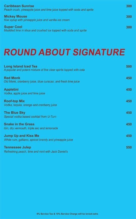 Round about Bar And kitchen menu