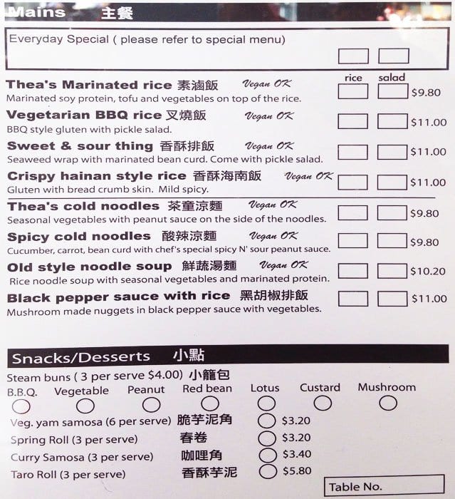 Thea Vegetarian Tea Garden a Adelaide Foto del Menu con Prezzi