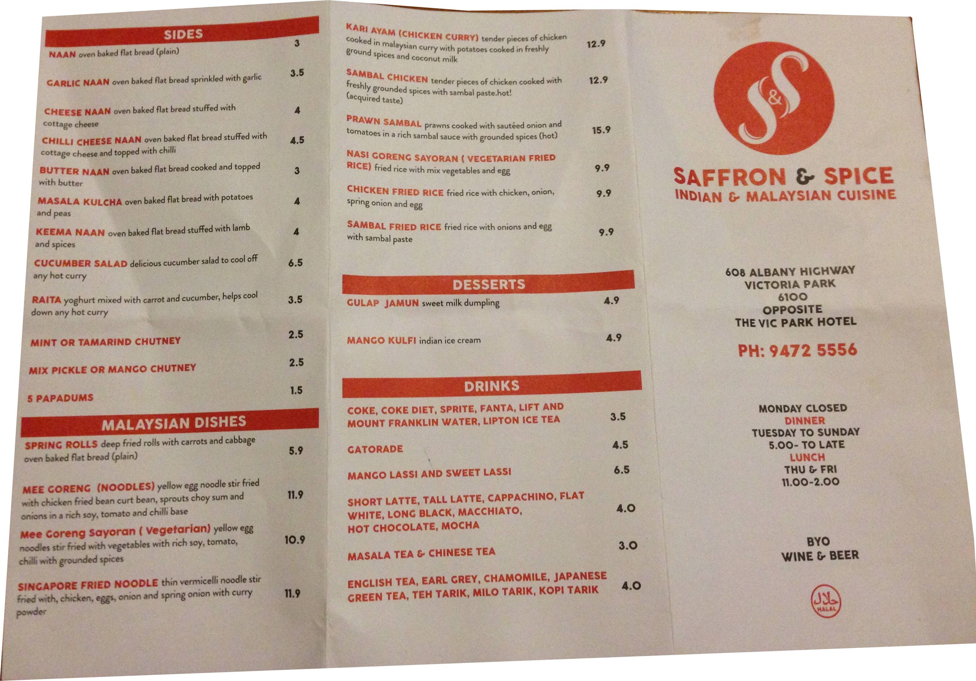 Saffron & Spice Menu, Menu for Saffron & Spice, Victoria Park, Perth