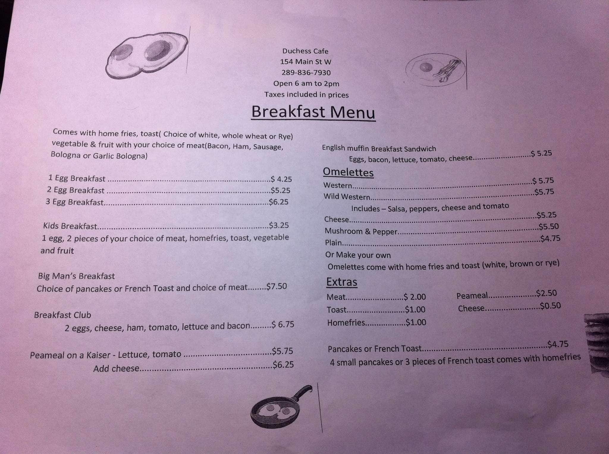 Menu at Duchess Cafe, Port Colborne