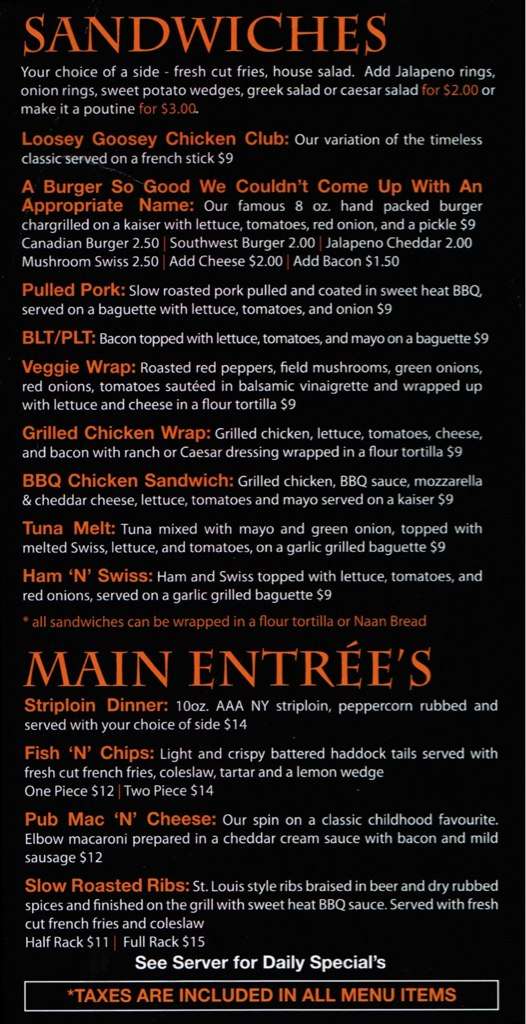 The Loose Goose Menu, Menu for The Loose Goose, Windsor, Windsor