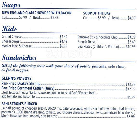 Menu at Fahlstrom's Fresh Fish Market restaurant, Chicago