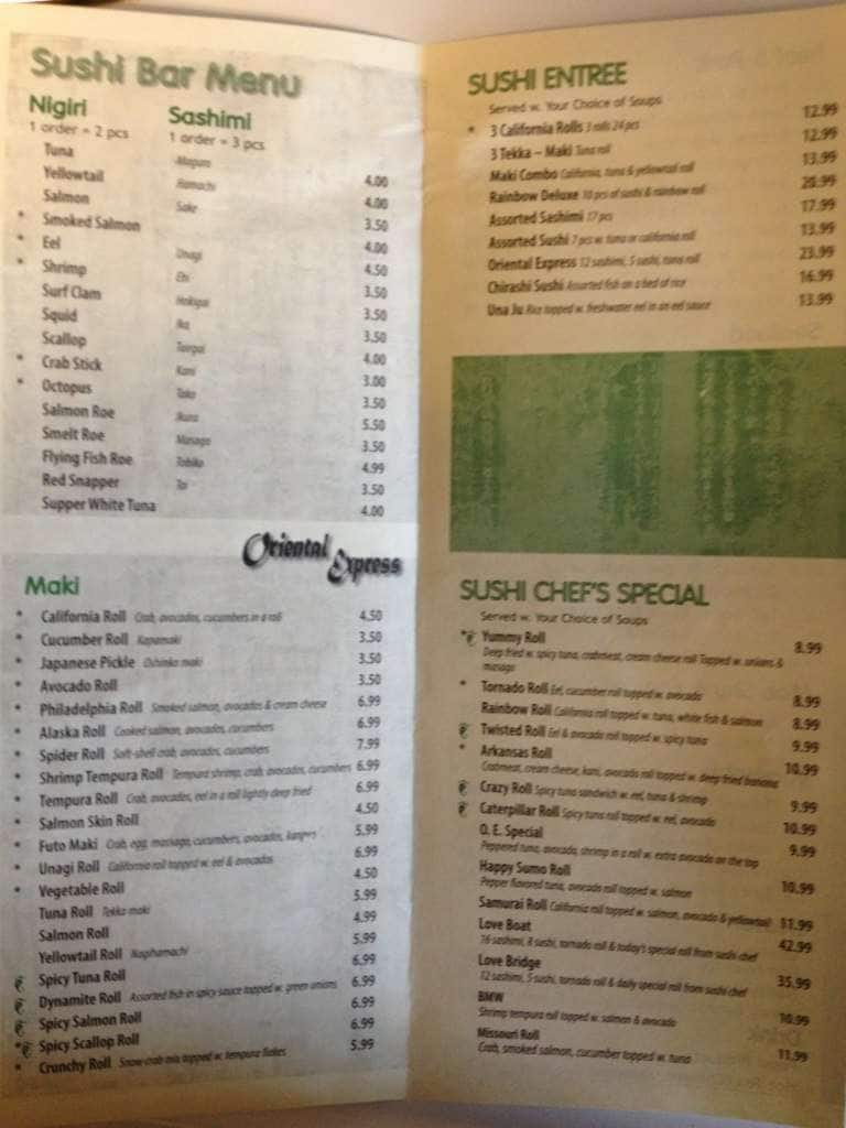 Menu at Oriental Express restaurant, Jonesboro