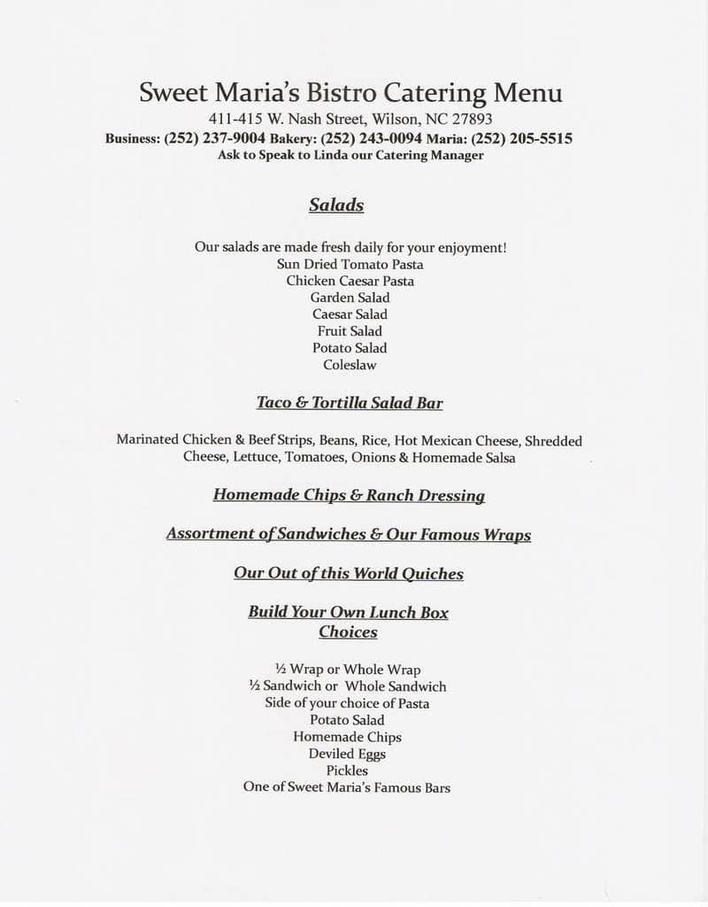 Sweet Maria S Bistro Bakery Catering Menu