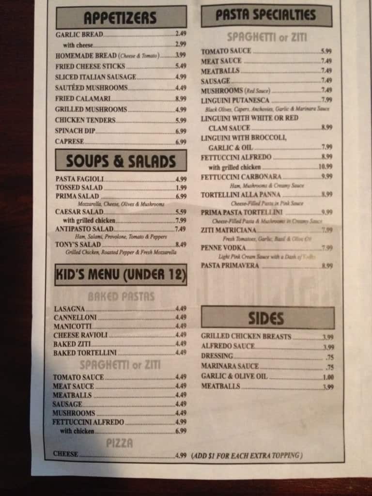 Menu At Prima Pasta Restaurant Early 210 Early Blvd cafe-prima-pasta-ristorante-italiano