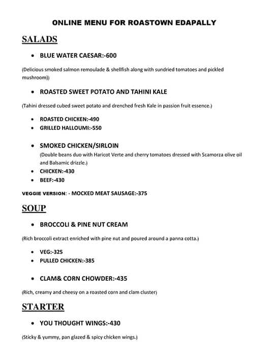 Menu of Roastown, Edappally, Kochi