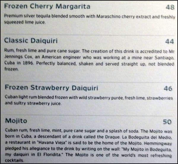 Menu at The Bay Hotel restaurant, Cape Town