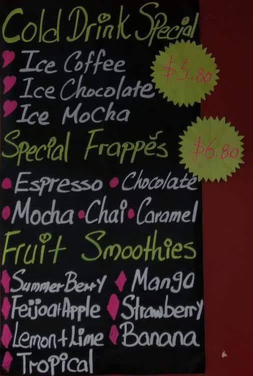 Menu at Peppers Cafe, Auckland