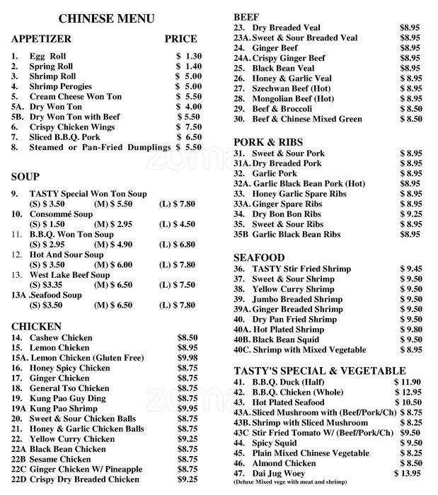 Tasty Chinese Cuisine a Winnipeg Foto del Menu con Prezzi Urbanspoon/Zomato