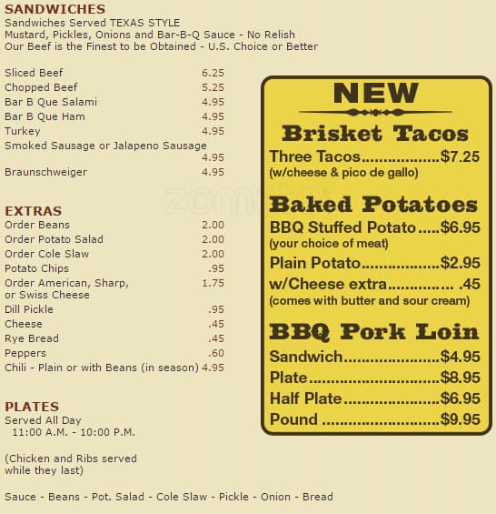 Menu at Angelo's BarBQue, Fort Worth