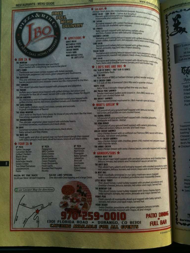 J BO Pizza & Rib Co Menu, Menu for J BO Pizza & Rib Co, Durango ...