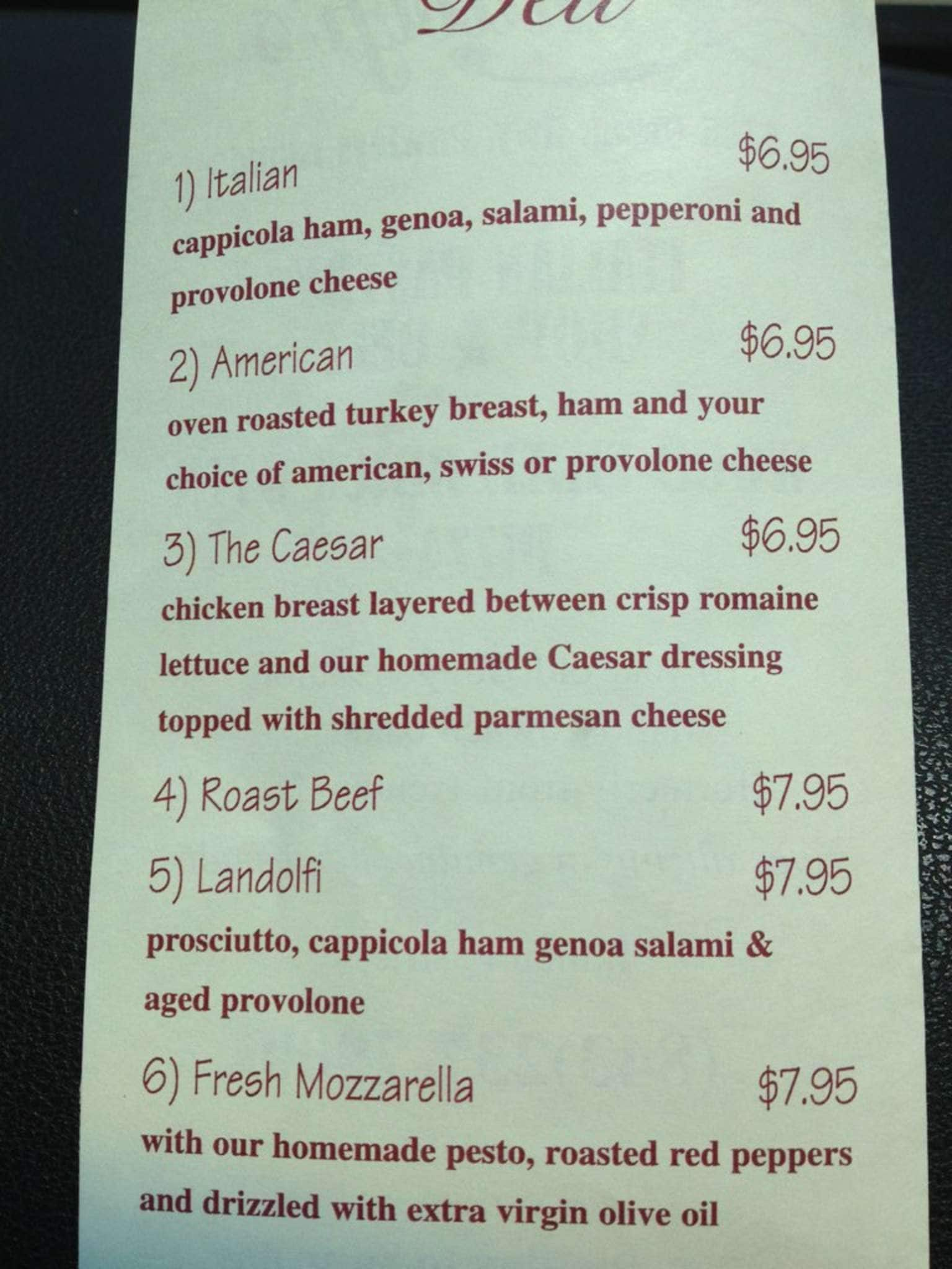 Menu At Landolfi's Italian Bakery, Pawleys Island