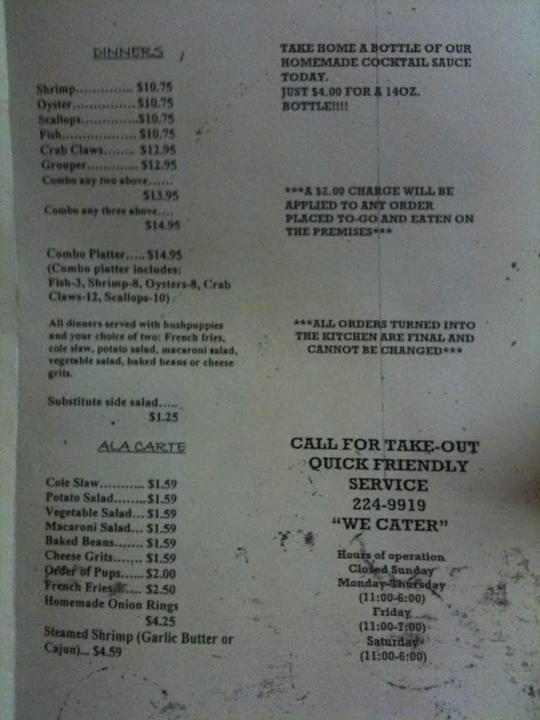 Menu at Shell Oyster Bar, Tallahassee