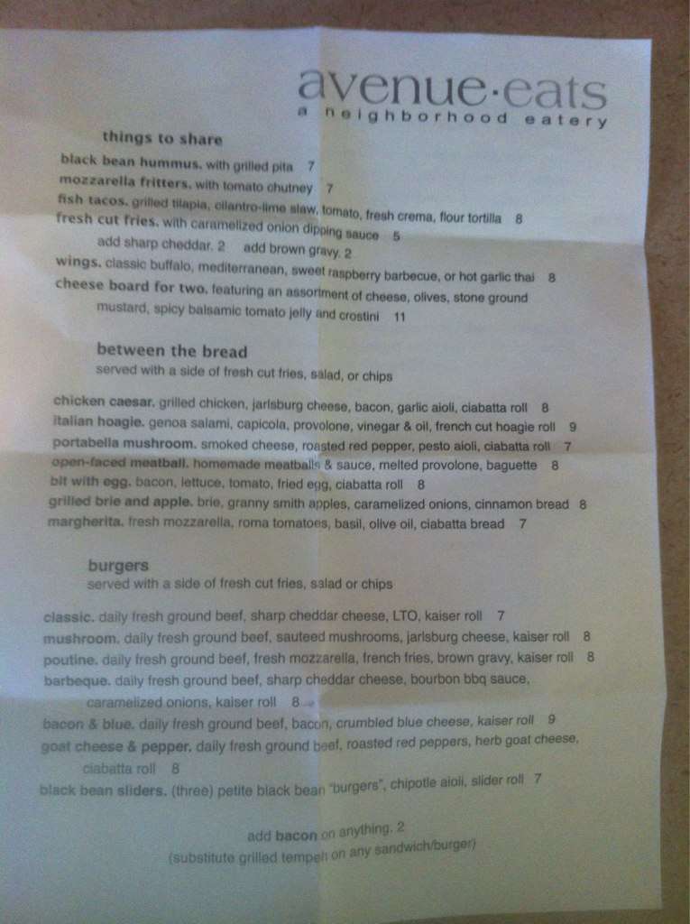 Avenue Eats Menu, Menu for Avenue Eats, Wheeling, Wheeling Urbanspoon