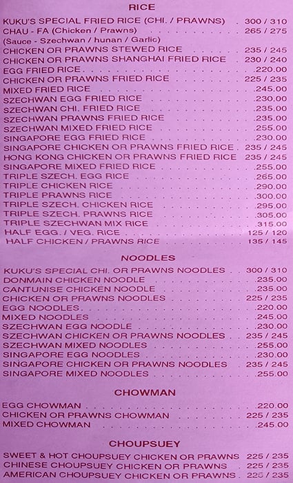 Kukus Chinese Restaurant menu