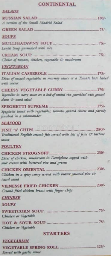 Canopy Restaurant menu