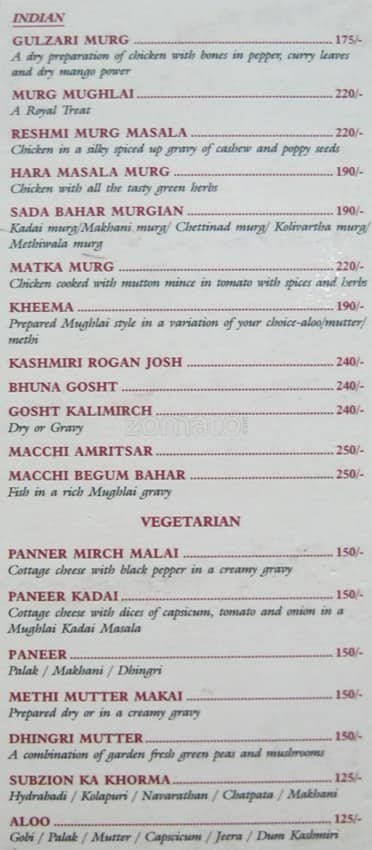 Canopy Restaurant menu
