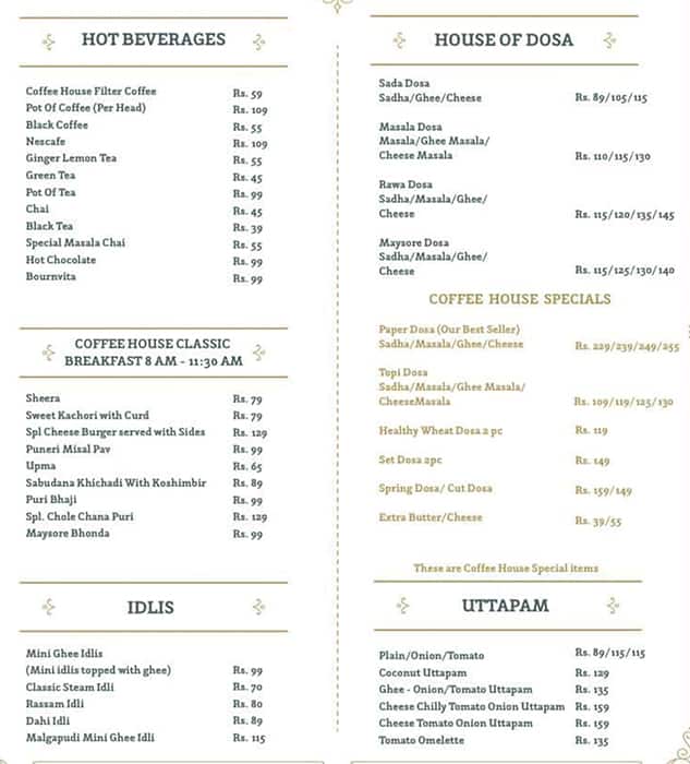 Menu of Coffee House, Camp Area, Pune