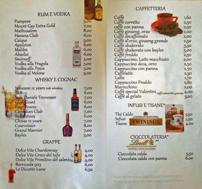 Menu di Caffè Valentini Di Felli 