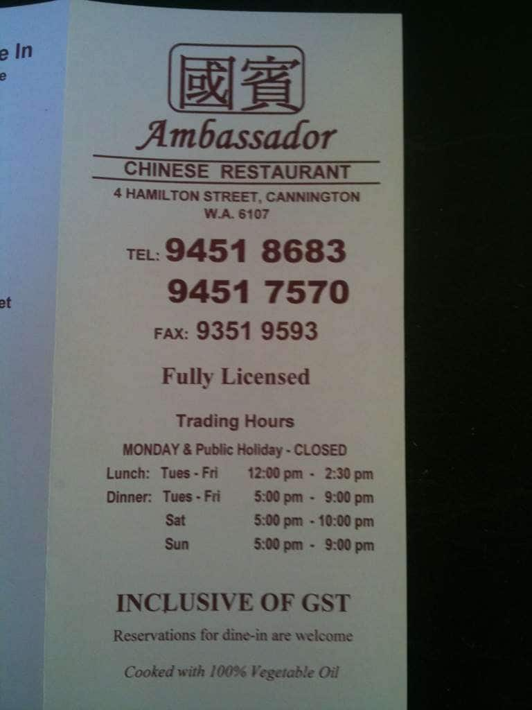 Ambassador Chinese Restaurant menu