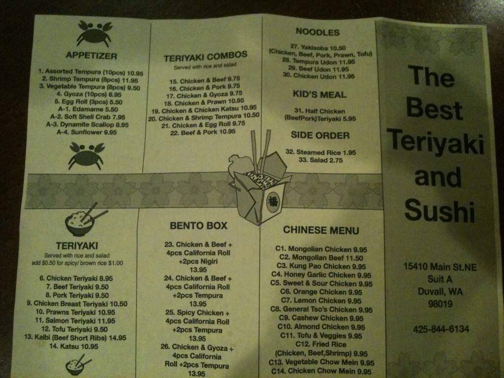 Menu at Best Teriyaki & Sushi restaurant, Duvall